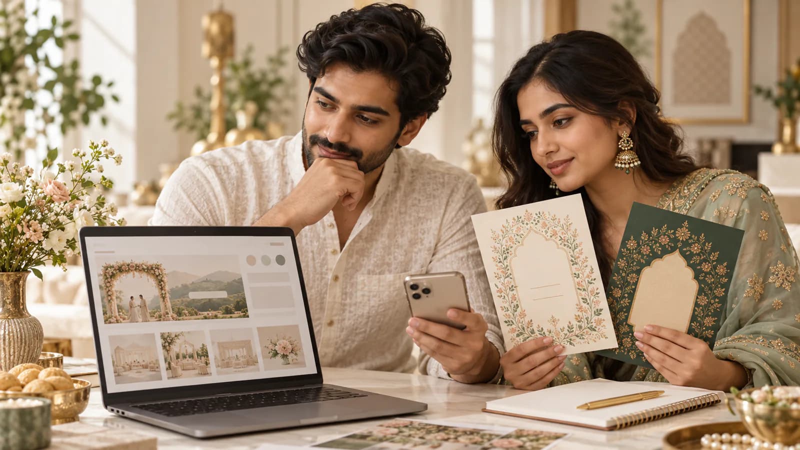 Indian couple comparing wedding website options on a laptop and phone