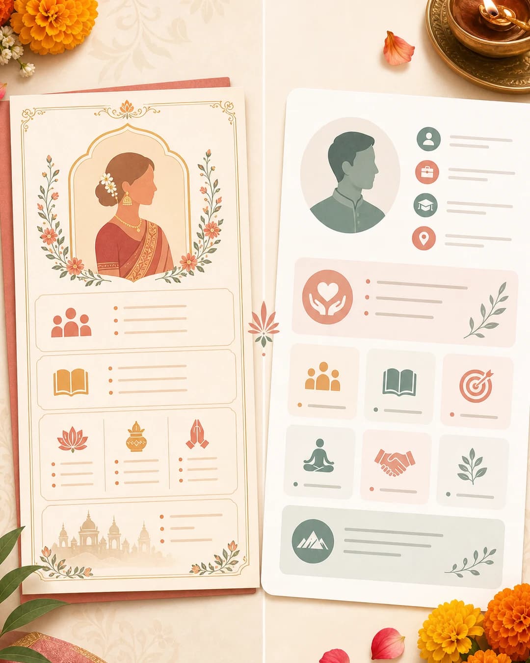 Editorial comparison of traditional and modern marriage biodata layouts with distinct visual structure
