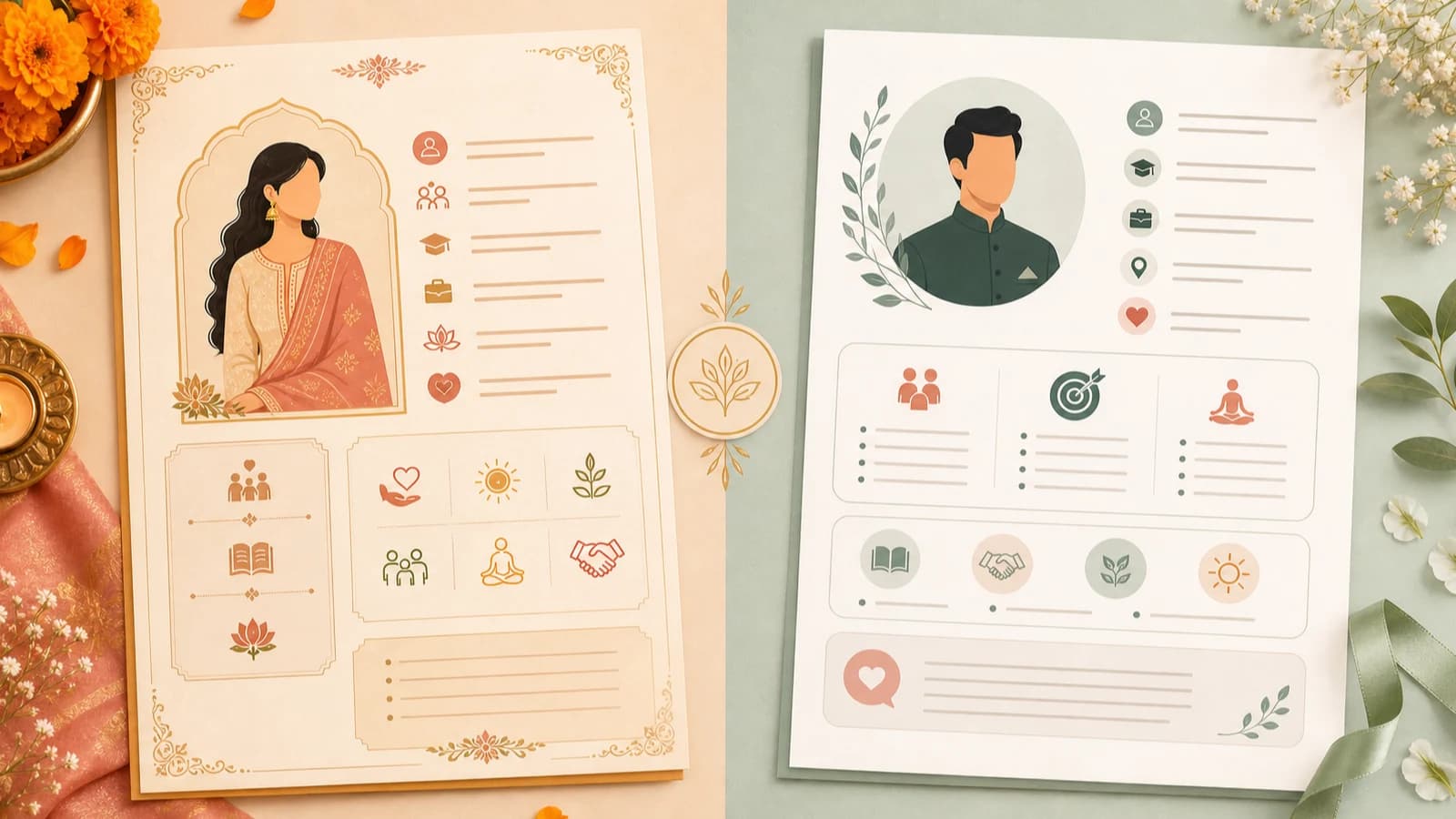 Comparison-style editorial illustration showing traditional and modern marriage biodata layouts side by side
