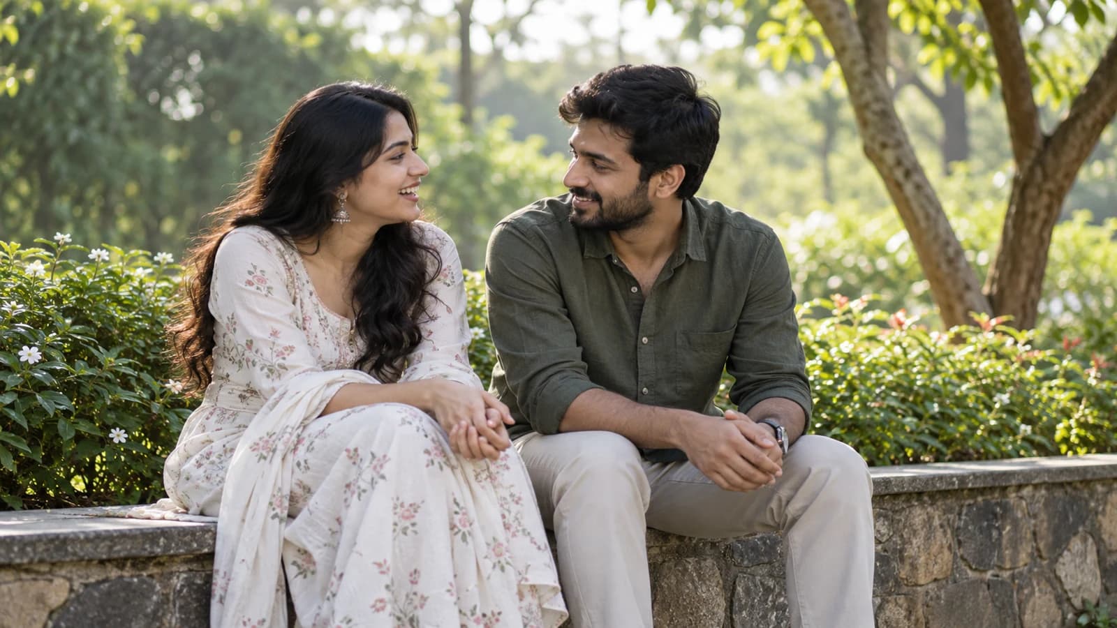 AI-generated illustrative scene of an Indian couple having a relaxed conversation in a garden