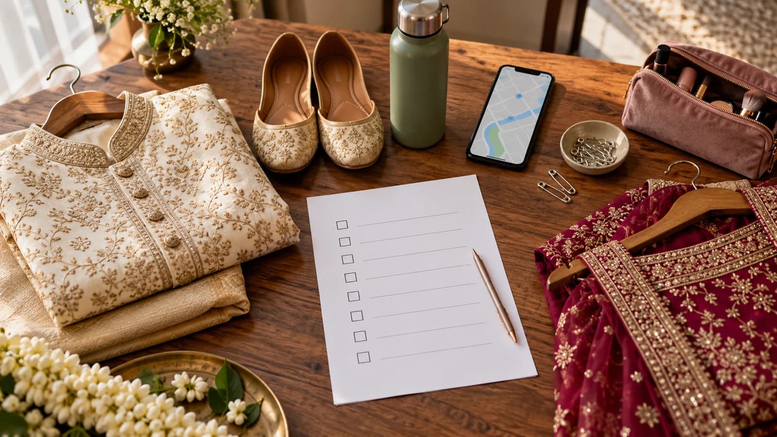 AI-generated flat lay of outfits, shoes, a blank checklist and shoot-day essentials
