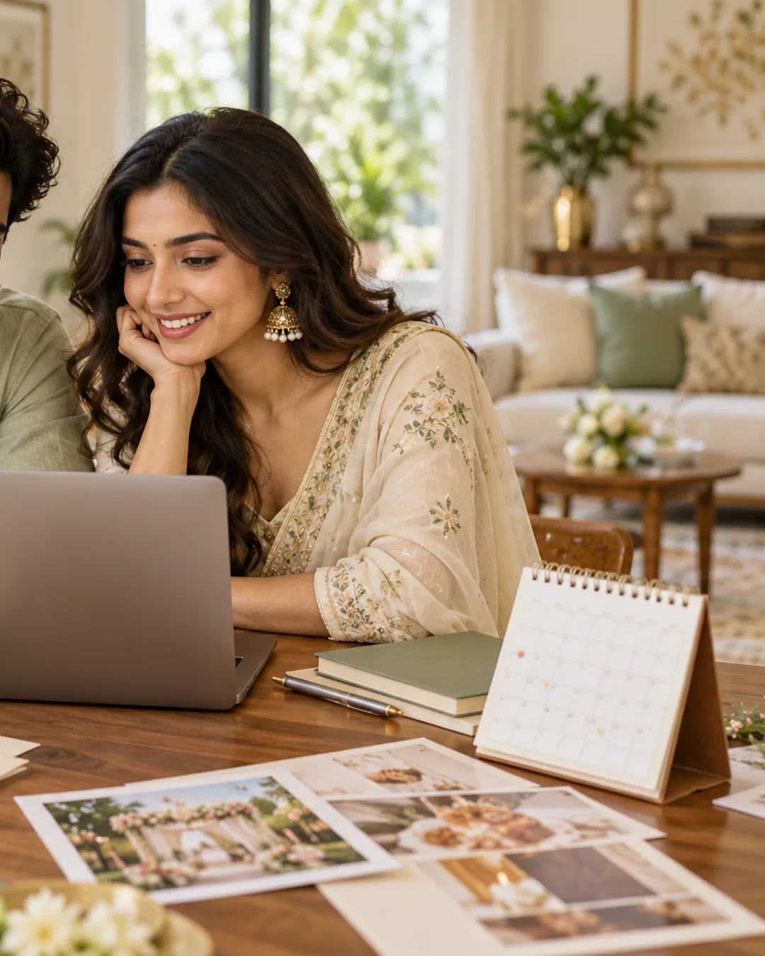 Indian couple planning a wedding website together at a table with an invitation and calendar