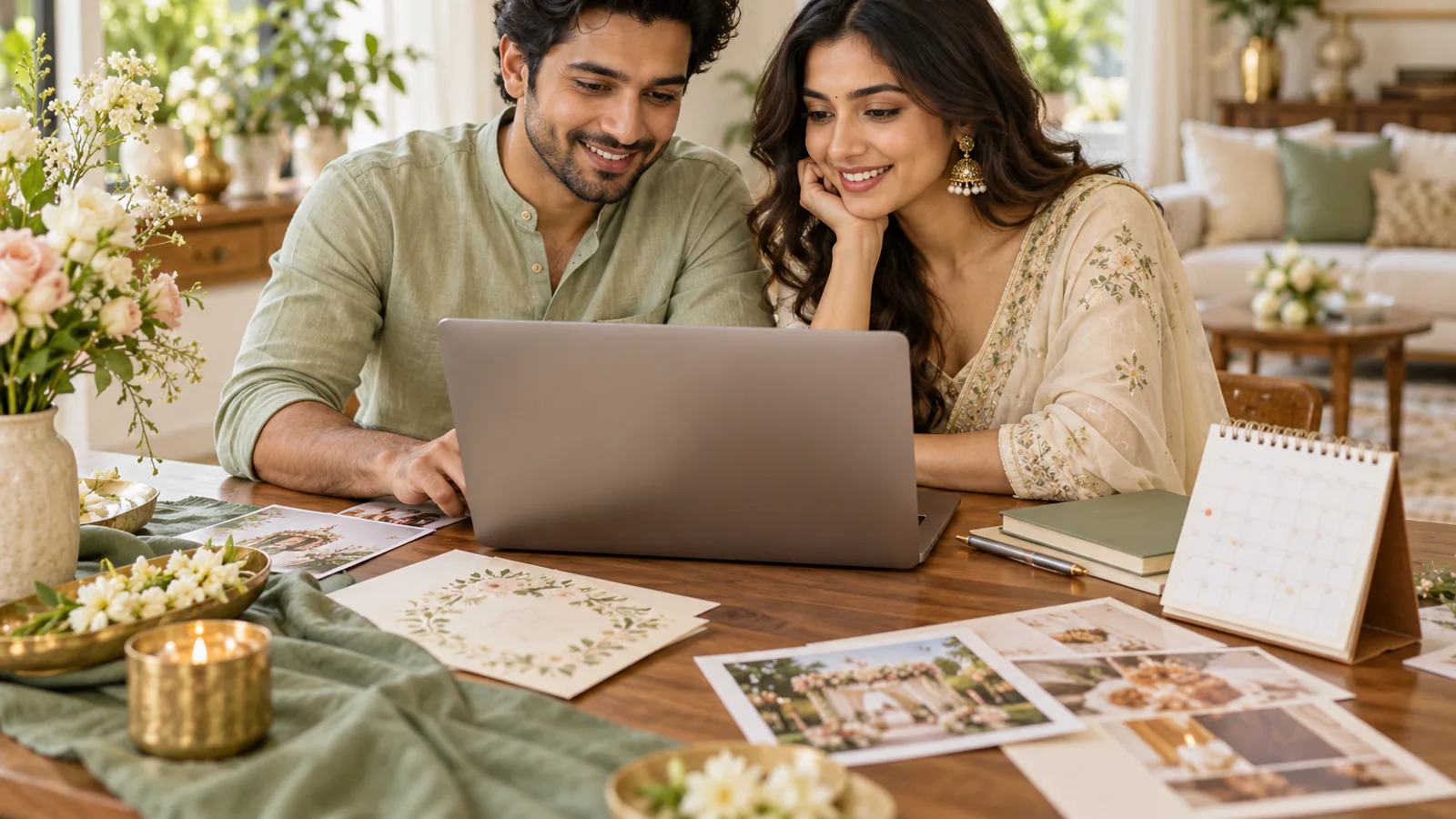 Indian couple planning their wedding website together at a table
