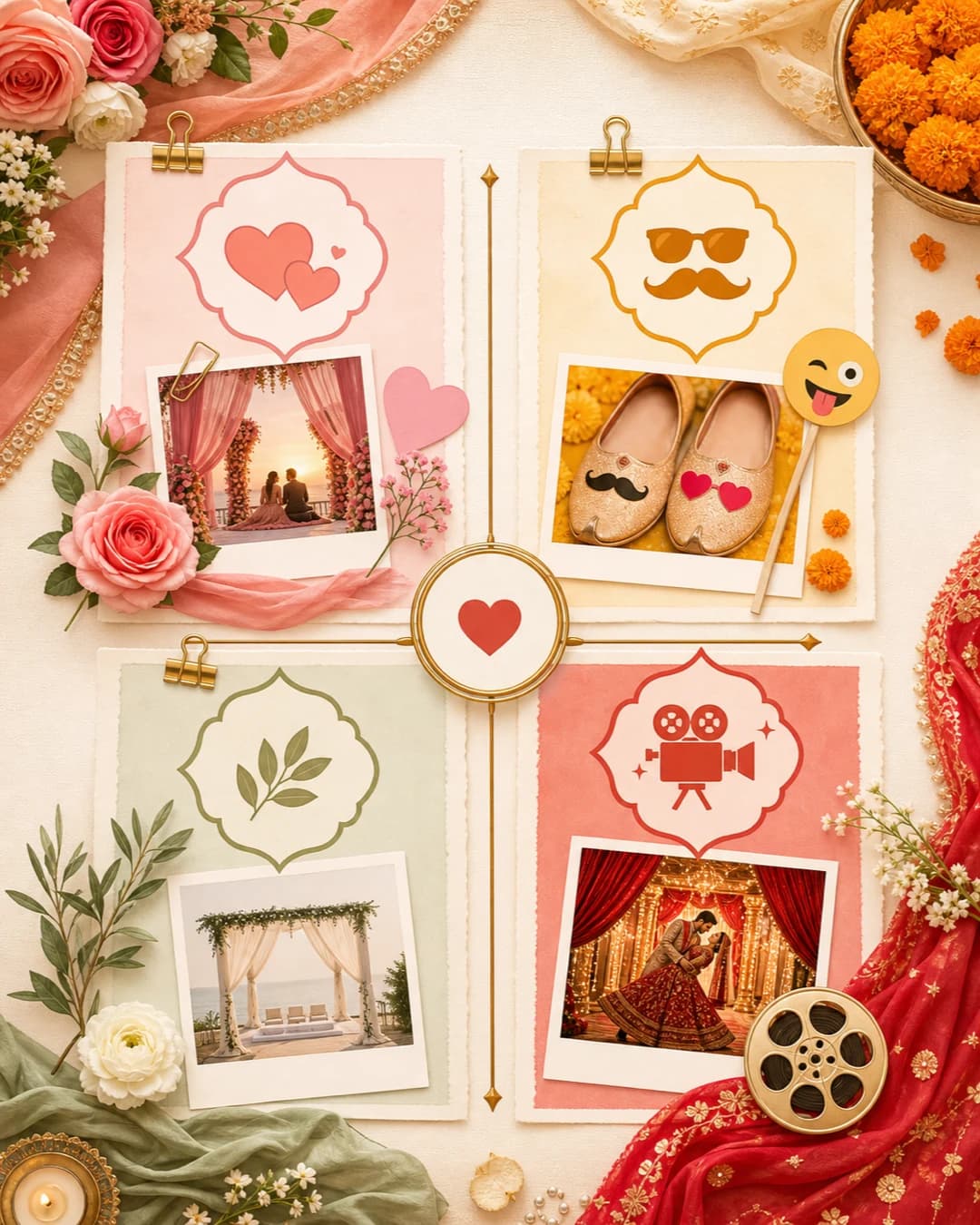 Editorial framework visual showing romantic, funny, minimal, and Bollywood-inspired Indian wedding hashtag directions