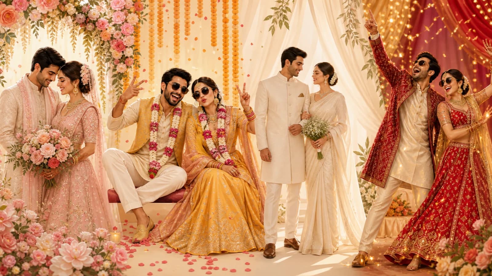Editorial style-board illustration showing romantic, funny, minimal, and Bollywood wedding hashtag directions