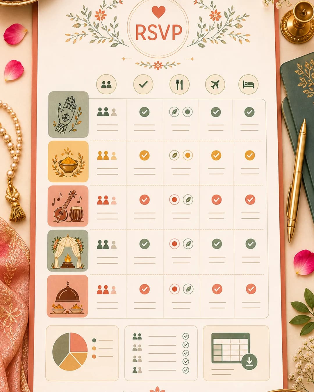 Editorial dashboard visual showing multi-event Indian wedding RSVP for Mehendi, Haldi, Sangeet, wedding, and reception