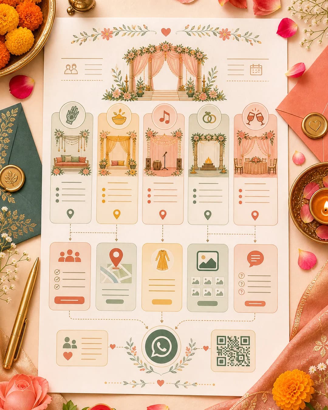 Editorial visual showing an Indian wedding website planned around Mehendi, Haldi, Sangeet, wedding, reception, RSVP, maps, and WhatsApp sharing