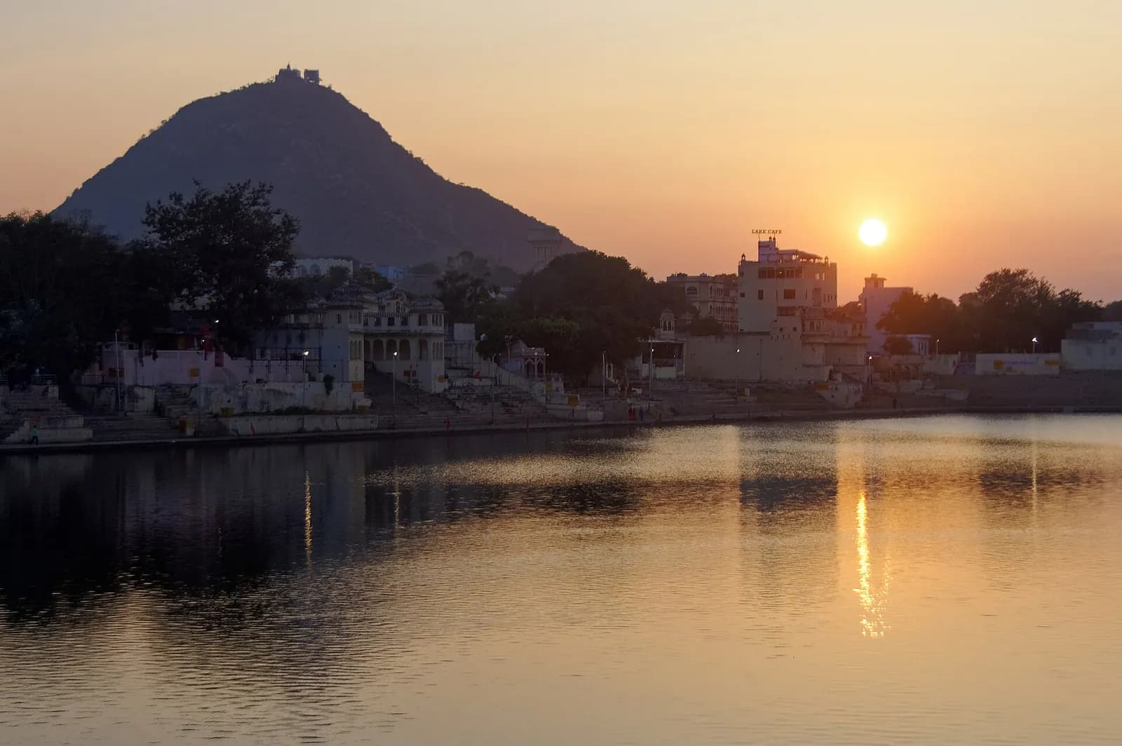 Sunset over Pushkar Lake in Rajasthan