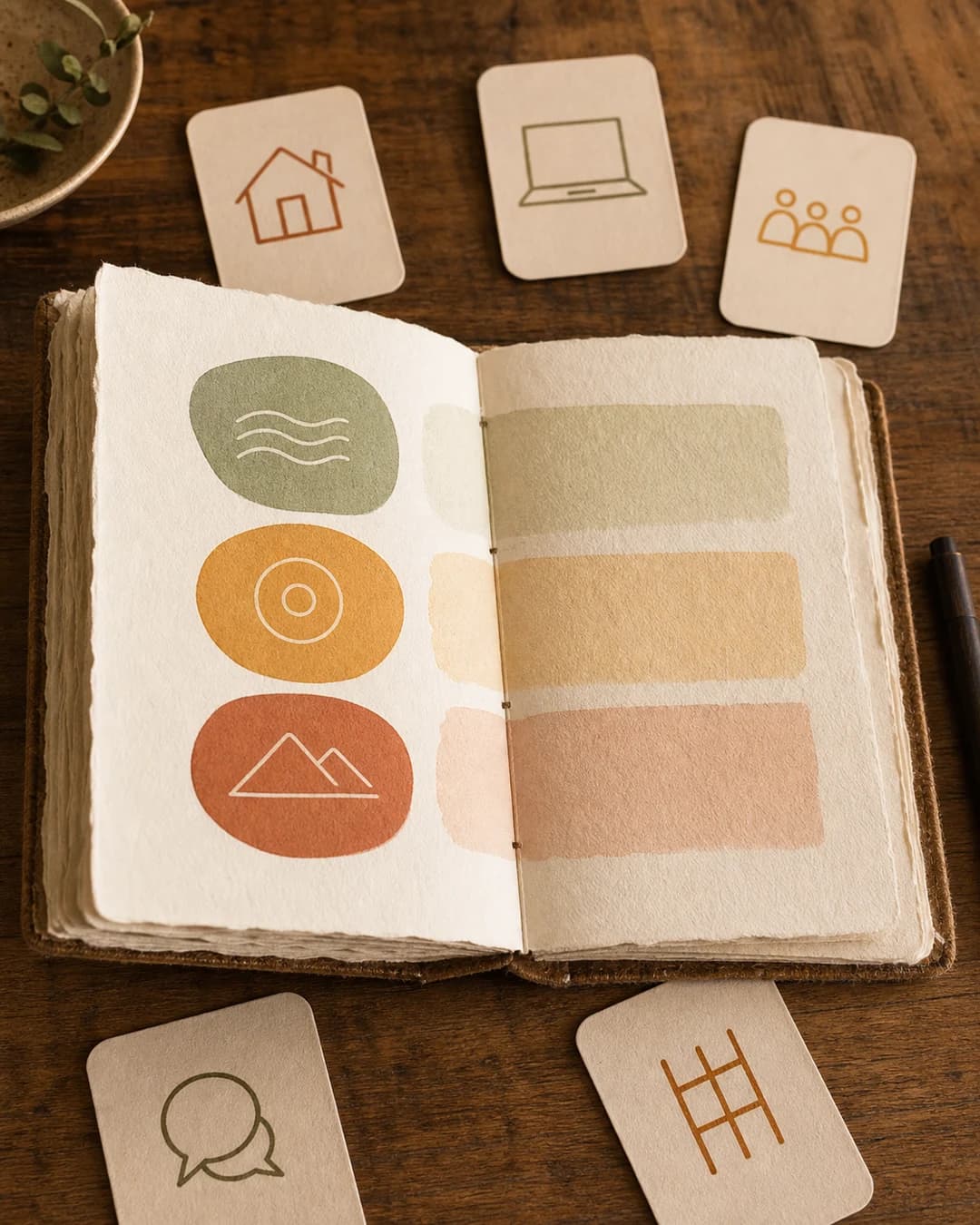 Indian adult arranging a handmade journal and cards representing home, work, family, communication, and life priorities