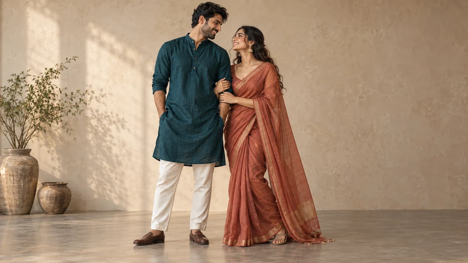 AI-generated illustrative outfit pairing with a deep teal kurta and rust saree