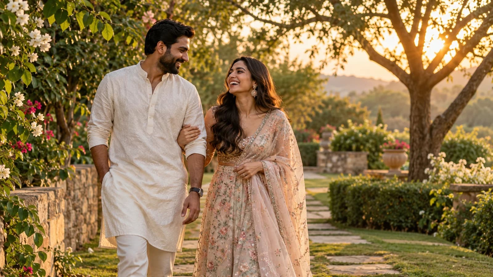 AI-generated illustrative Indian couple walking together in a garden at golden hour