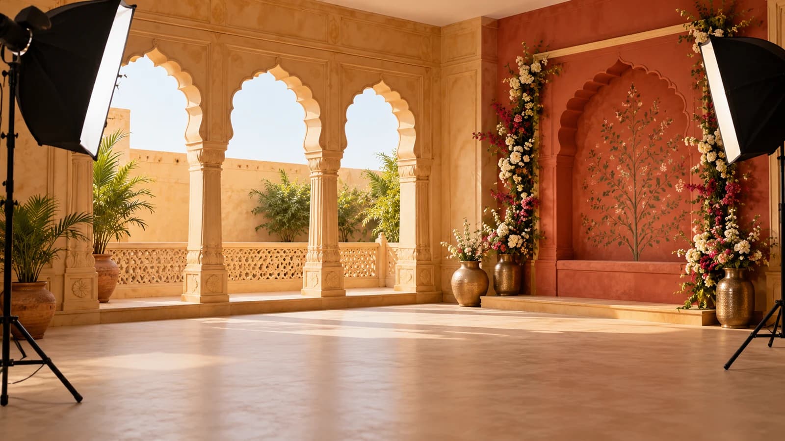 AI-generated illustration of a constructed Rajasthani-inspired photography studio set