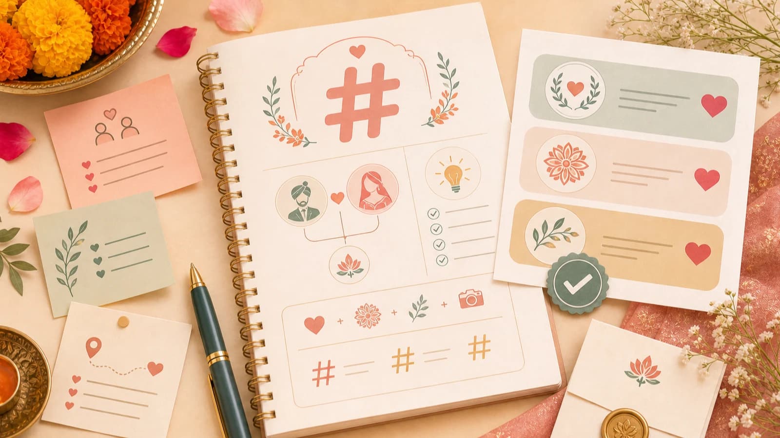 Editorial illustration of a couple brainstorming a unique wedding hashtag with uniqueness checks