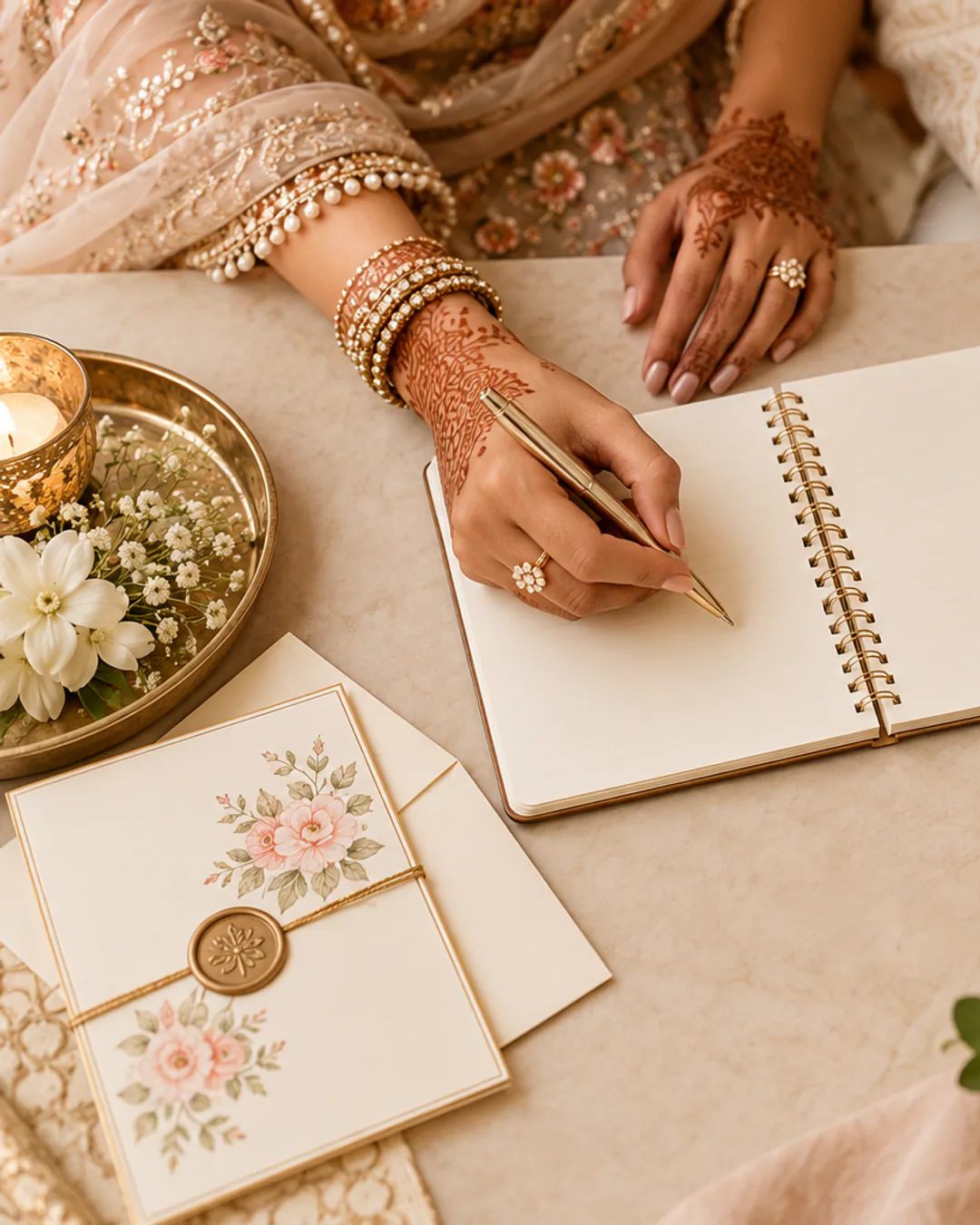 Wedding planning budget session with a blank notebook, calculator and invitation