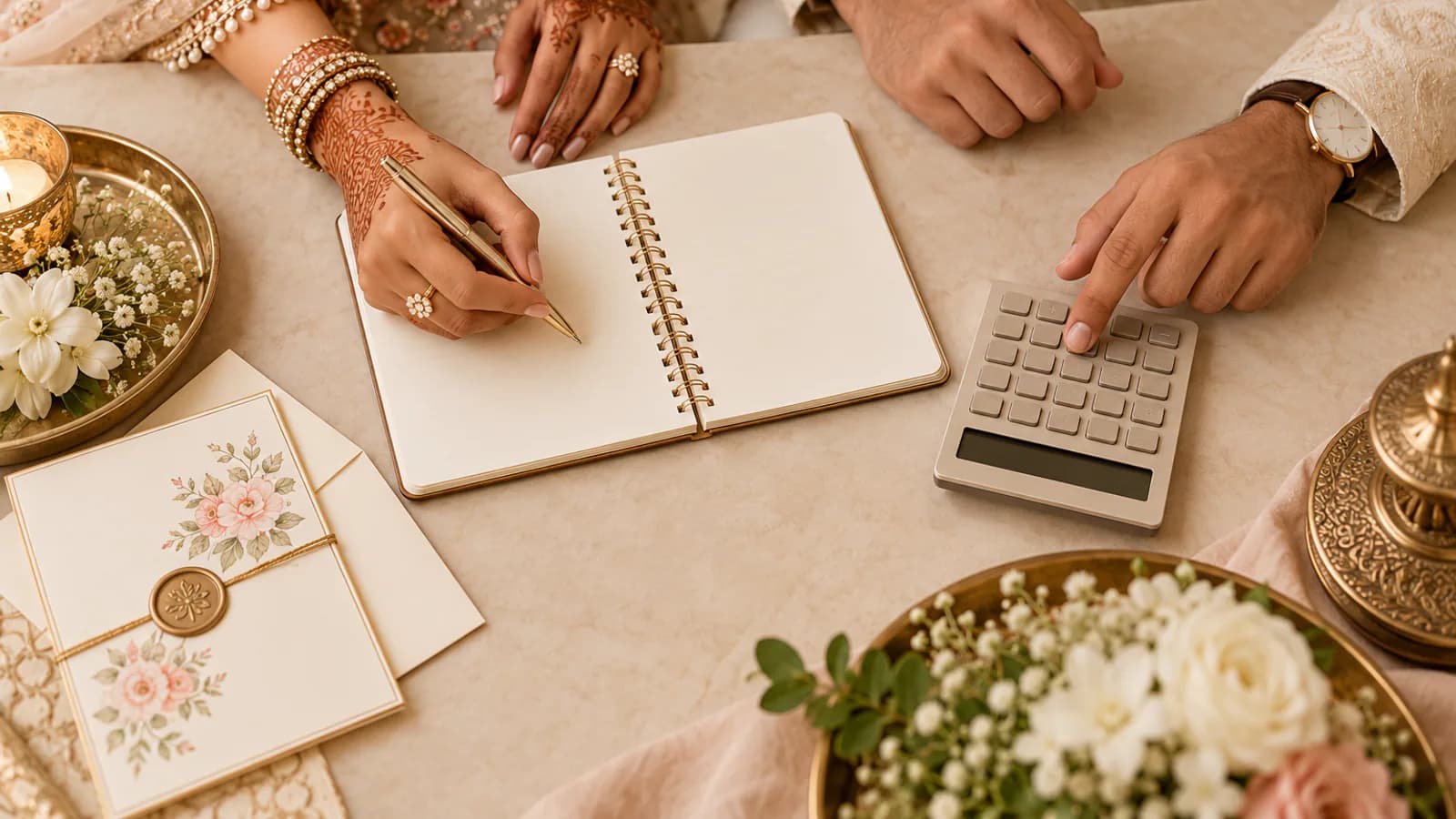 Wedding planning budget session with notebook, calculator and invitation