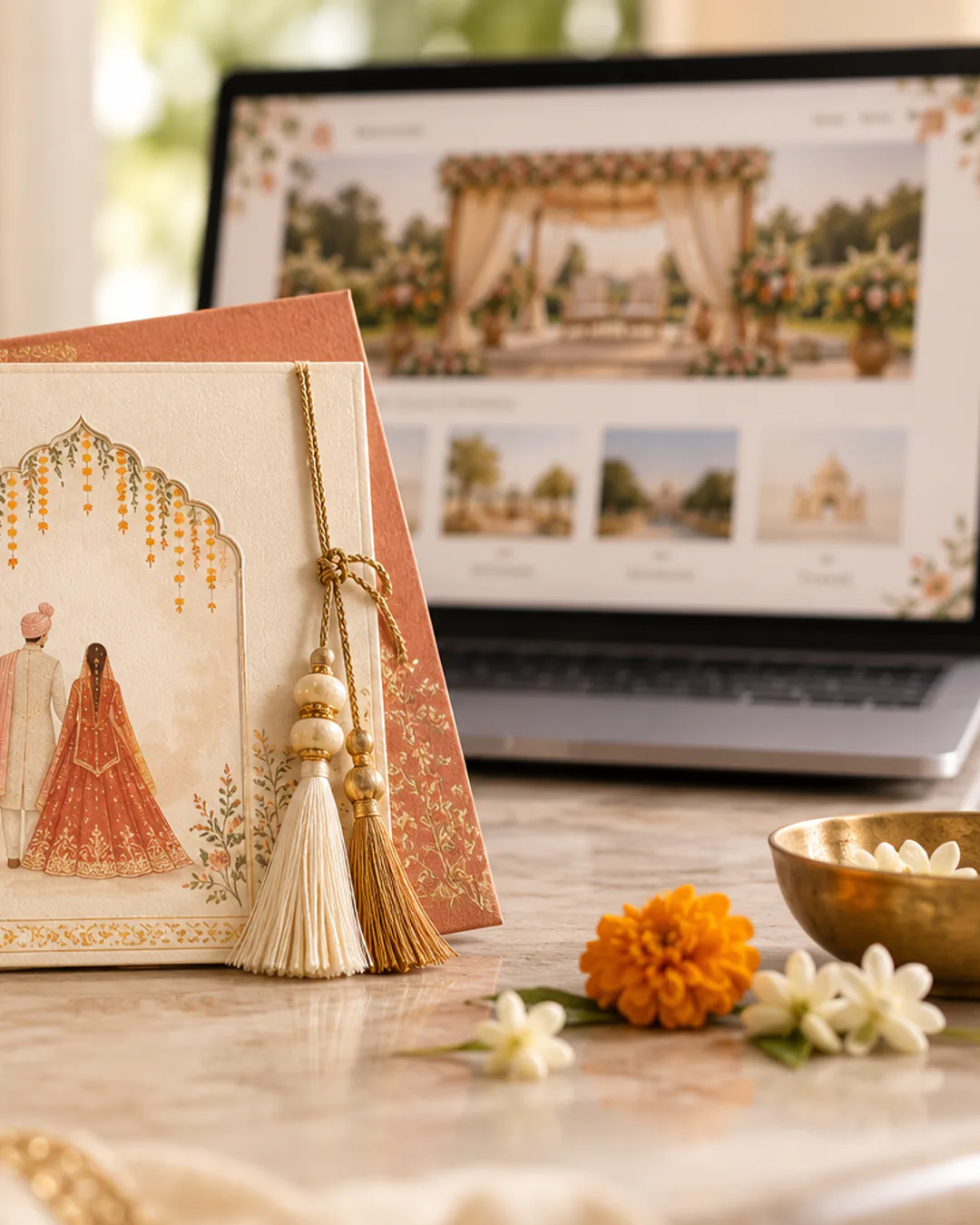 A smartphone with a wedding invitation beside a printed Indian wedding card and laptop