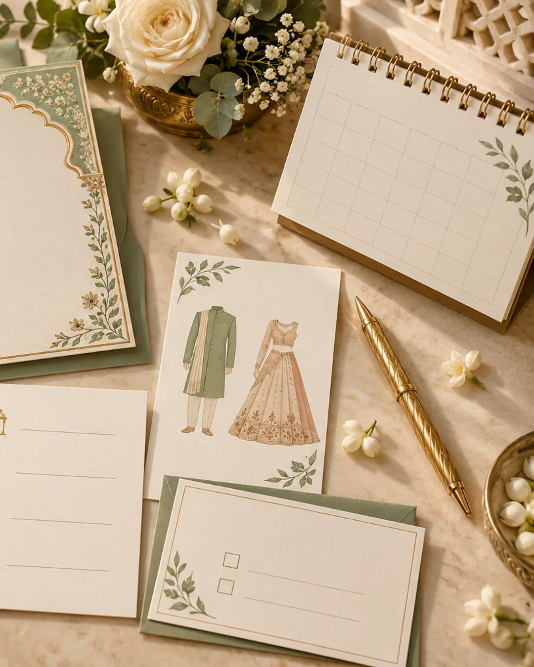 Wedding planning desk with invitation, schedule cards, map, phone, pen and calendar