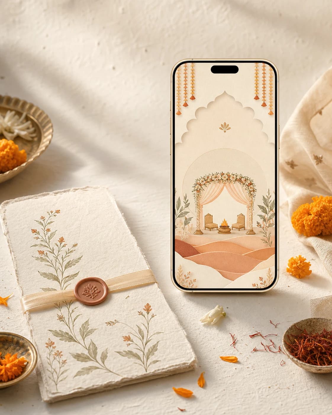 An elegant Indian wedding website displayed on a phone beside a floral invitation